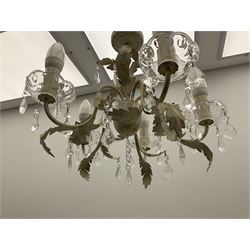 Single five branched chandelier with leaf and droplets detail H39cm, along with five white pleated lampshades