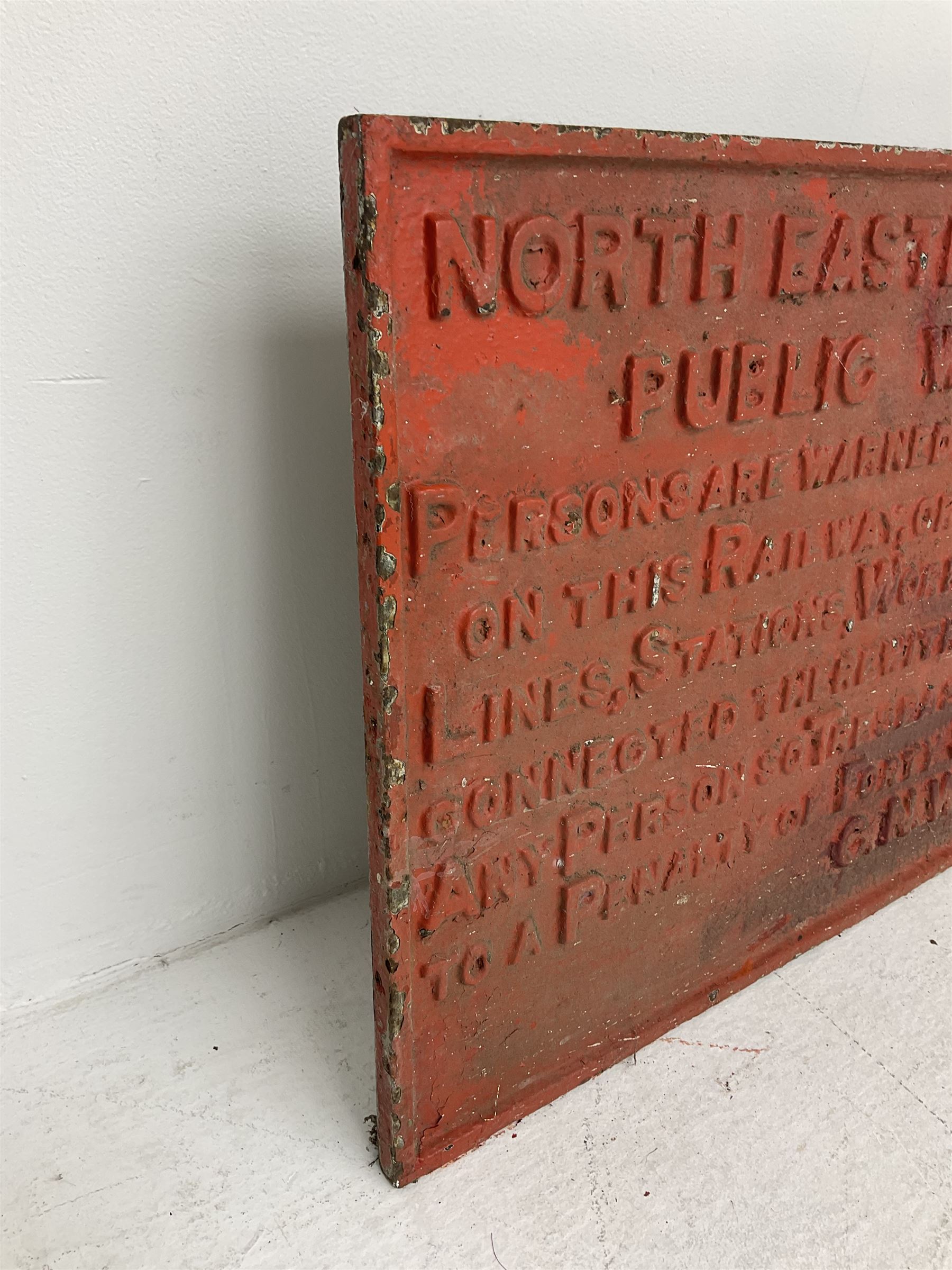 North Eastern Railway cast iron Public Railway sign, H60cm, L91cm