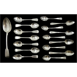 George IV silver fiddle pattern serving spoon by Hyam Hyams, London 1823 and a collection of George IV and later silver teaspoons hallmarked