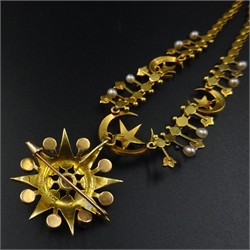  Victorian gold split pearl star and crescent pendant necklace, stamped 15ct  