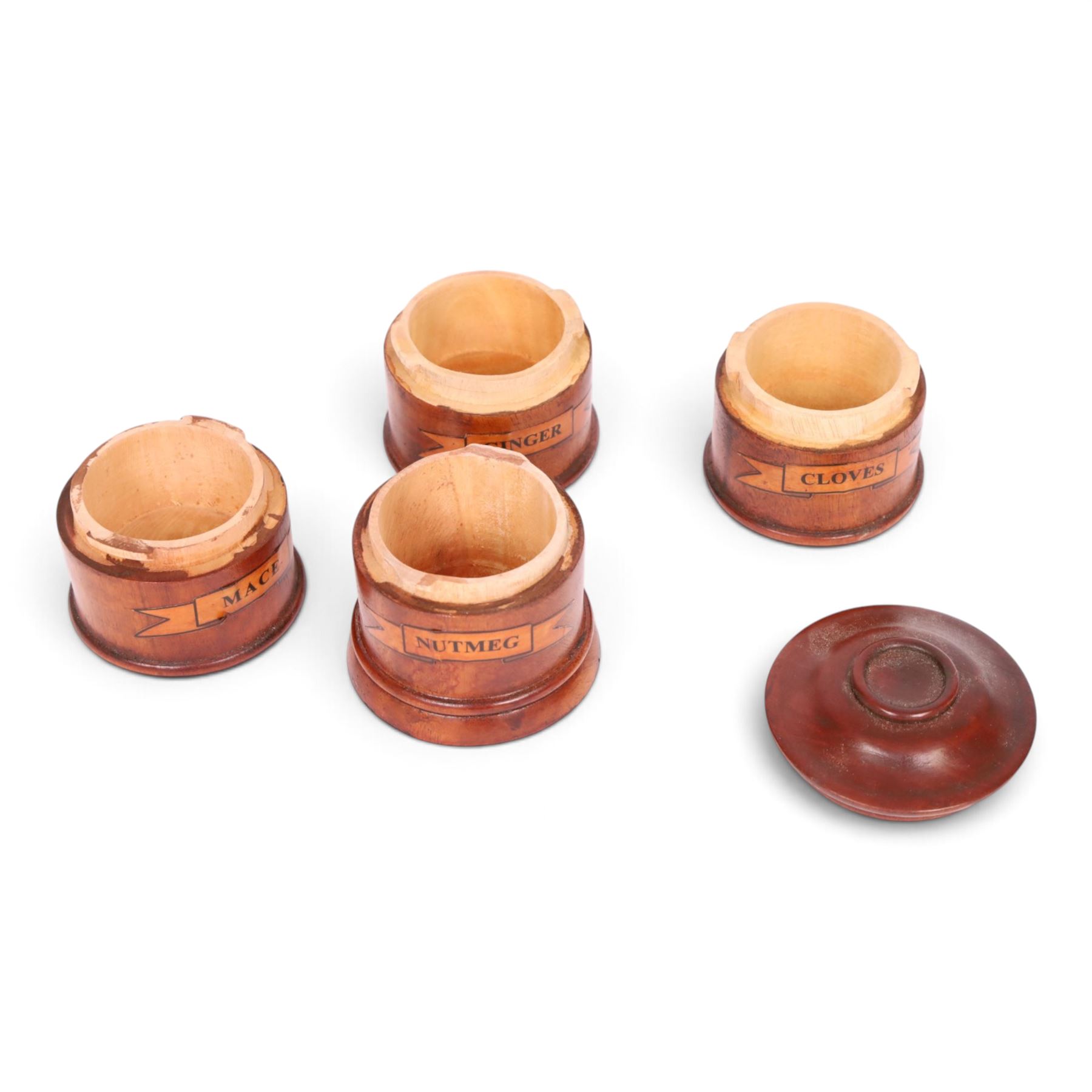 19th century style wooden spice tower, with four labelled compartments, H20cm