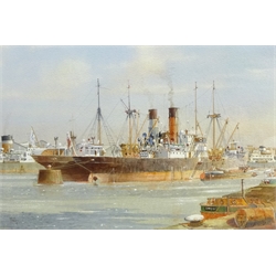  Colin Verity RSMA (British 1924-2011): 'Moored at the Dolphins Awaiting Orders', watercolour signed, original title label verso 32cm x 48cm  DDS - Artist's resale rights may apply to this lot  