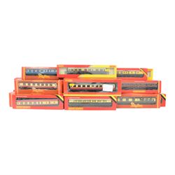 Thirty-five Hornby 00 gauge coaches, including R413 Operating LMS Mail Coach, LMS, GWR, LN...