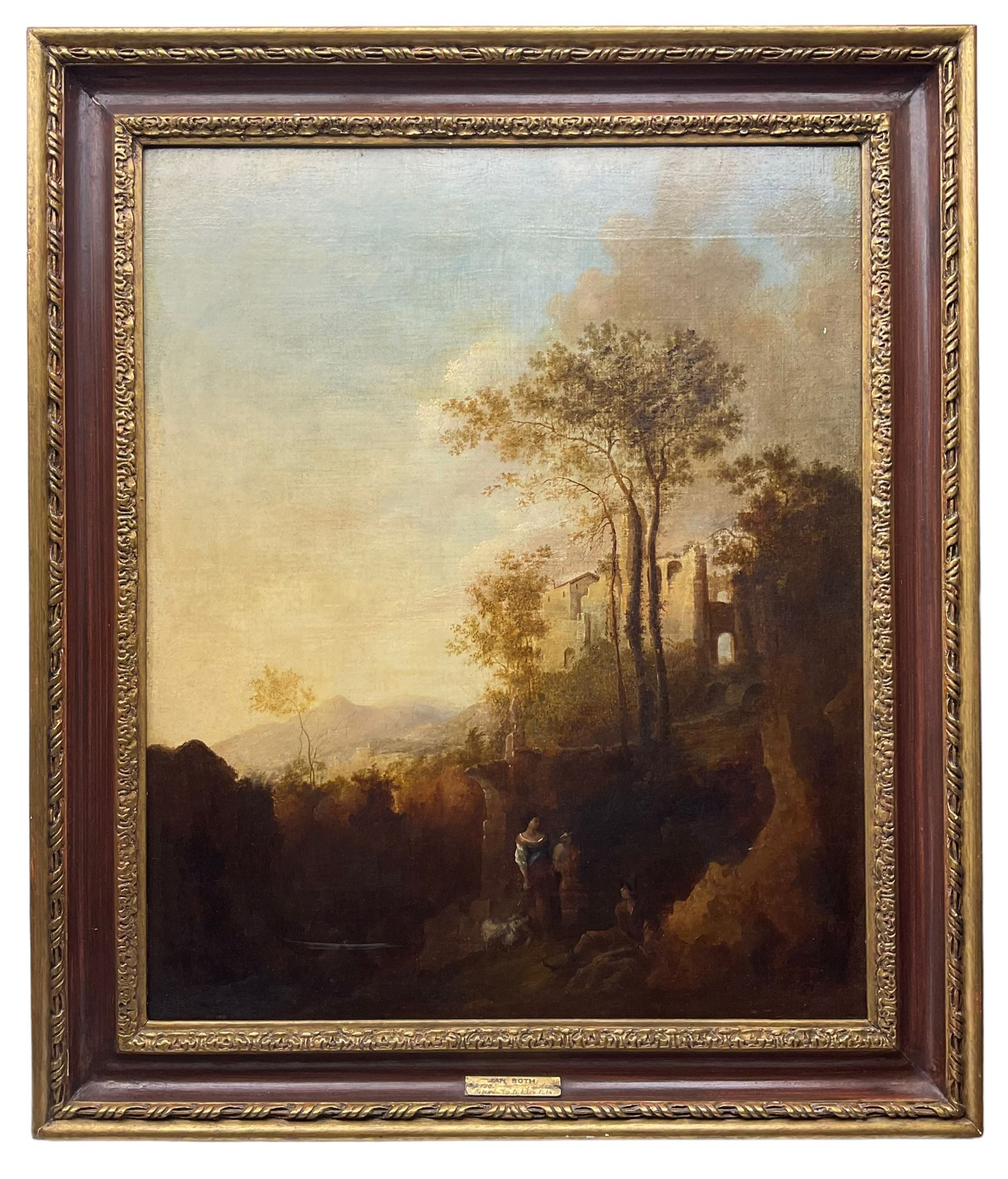 Jan Dircksz Both (Dutch 1615/18-1652) and Andries Both (Dutch 1612/1613-1642): Shepherd and Wife within an Italian Landscape, oil on canvas attributed and titled on the mount 60cm x 50cm 
Provenance: previously owned by the Countess Michalowski, Cork 
Notes: this picture captures the typical golden Italian light and shadowy foreground that Both highlighted in many of his works from the 1630s and early 40s. It is likely the figures were executed by his elder brother Andries, who drowned in Venice 1642.