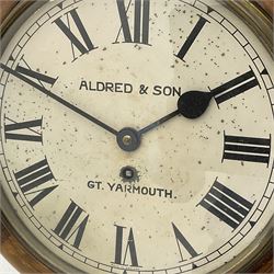 Late 19th century circular wall clock in stained beech case by ‘Aldred & Sons, Gt. Yarmouth’, single train driven movement 