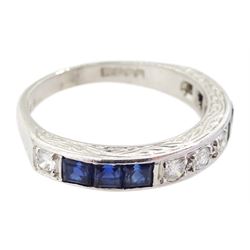 18ct white gold round brilliant cut diamond and calibre cut sapphire half eternity ring, London 1972, total diamond weight approx 0.30 carat