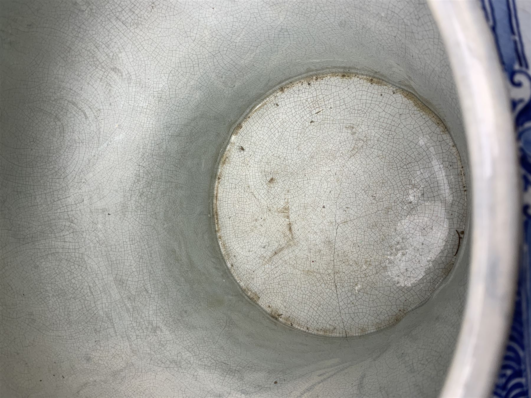 Large 20th century Delft blue and white jardinière, of baluster form with twin zoomorphic mask lug handles, decorated with hand painted panels of waterside scenes, within foliate surround, impressed and painted marks beneath for De Porceleyne Fles workshop, Delft, H35cm, rim D32