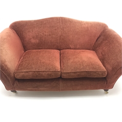 Multi-York three seat sofa, shaped back, scrolling arms, turned supports on castors, W185cm