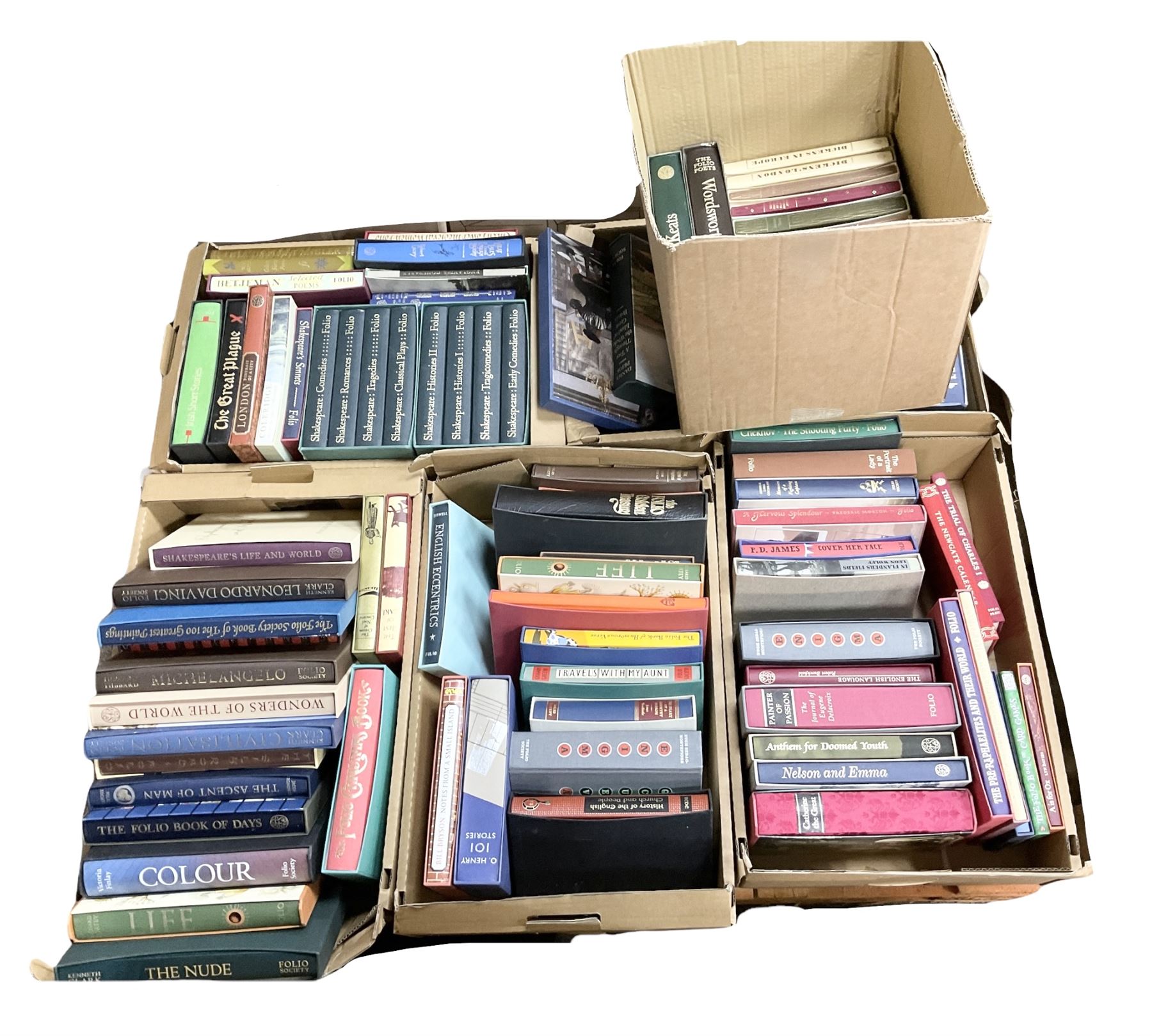 Large collection of Folio Society society books on various subjects, including Pepys Diary 1660-1669 in 3 volumes, Shakespeare eight volumes, Catherine the Great, Enigma etc, in six boxes 