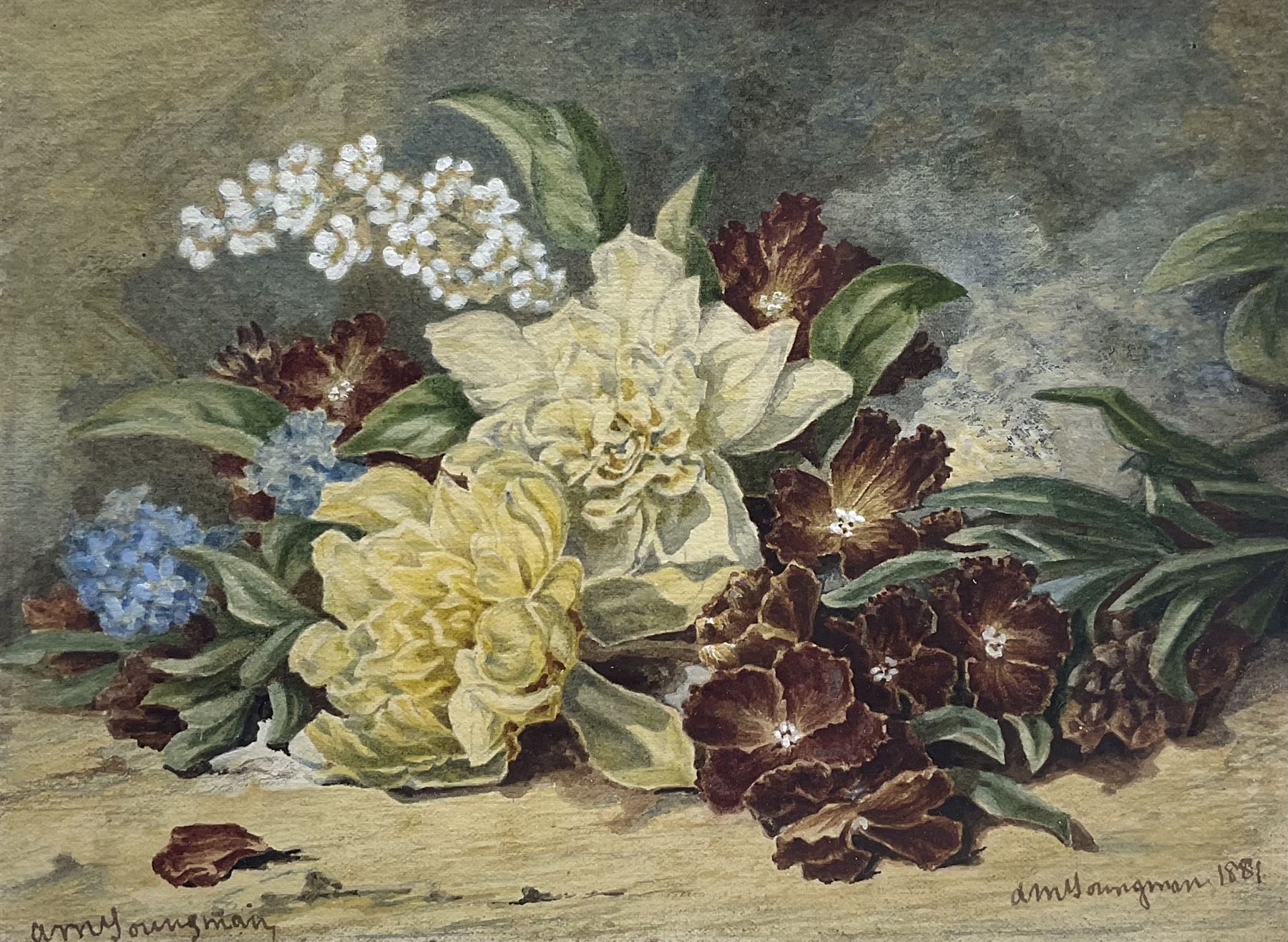 Annie Mary Youngman (British 1860-1919): Still Life with Forget-me-nots, watercolour signed twice and dated 1881, 14.5cm x 20cm