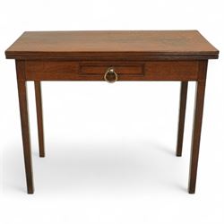 Early 20th century oak side table, rectangular top over single frieze drawer with brass ring handle, raised on square tapering supports