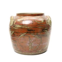 Large Crowan Pottery bread crock, H30cm; together with a studio pottery oval shallow dish, D52cm, and an Alan Caiger-Smith bowl, D42cm, variously marked and inscribed (3)