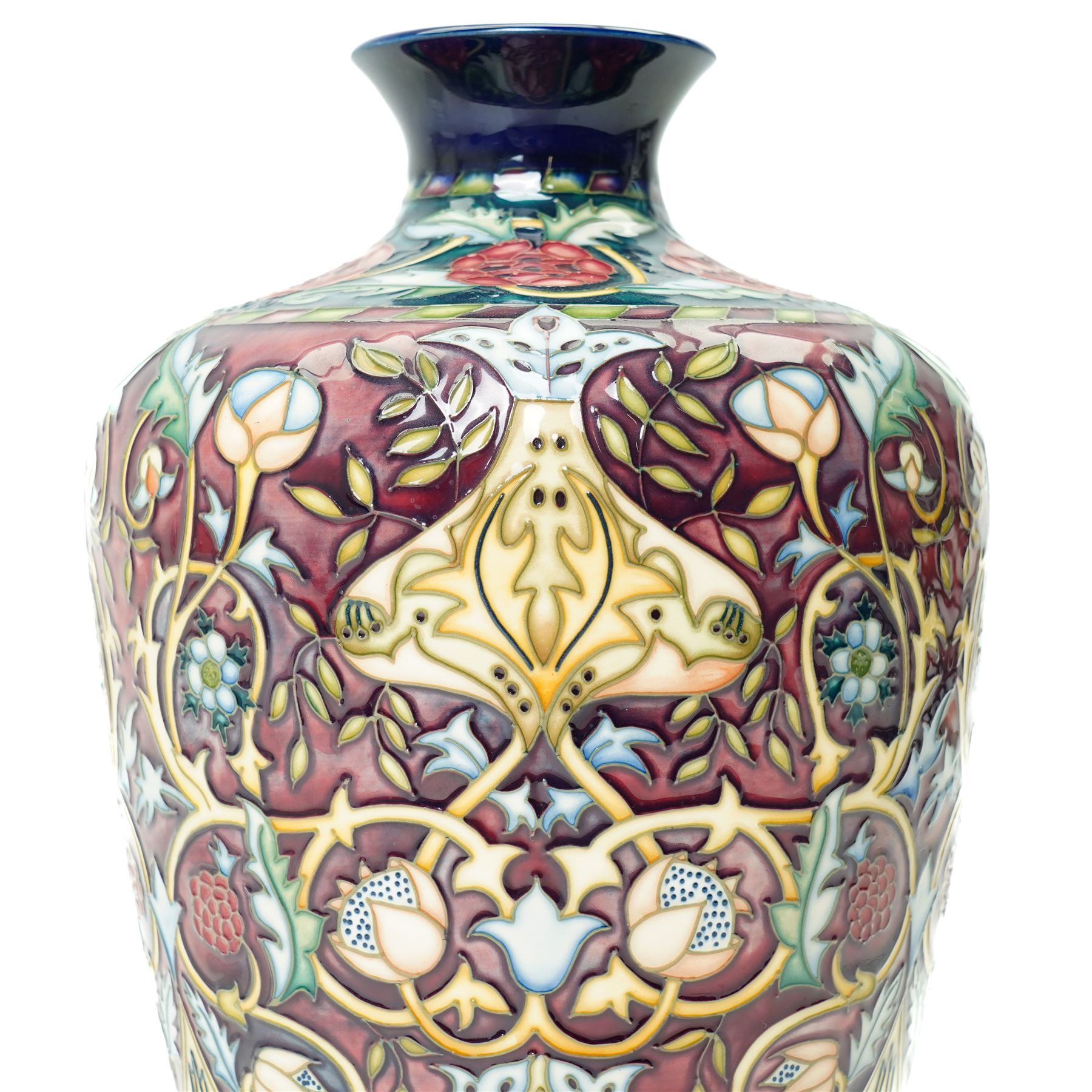 Moorcroft Bullers Wood pattern vase, of tapering form, decorated profusely with flowers, designed by Rachel Bishop, with impressed and painted marks to base, limited edition 87/100, H31cm