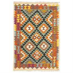 Afghan Chobi kilim flatweave runner with a repeating stepped diamond medallion design in l...