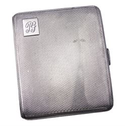 Mid 20th century silver cigarette case, of rectangular form, with engraved monogram to upper left corner and engine turned decoration to exterior, hallmarked Frederick Field, Birmingham 1956, H10cm, approximate weight 3.84 ozt (119.3 grams)