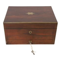  Victorian brass inlaid rosewood dressing table box, retailed by F.L. Hausburg, Liverpool, the lid centred by a brass cartouche, opening to reveal letter store to lid underside, above a fitted interior, with ten mounted cut glass jars, bottles and manicure set, within lift out leather trays, above jewellery drawer, with key, H17cm D24cm