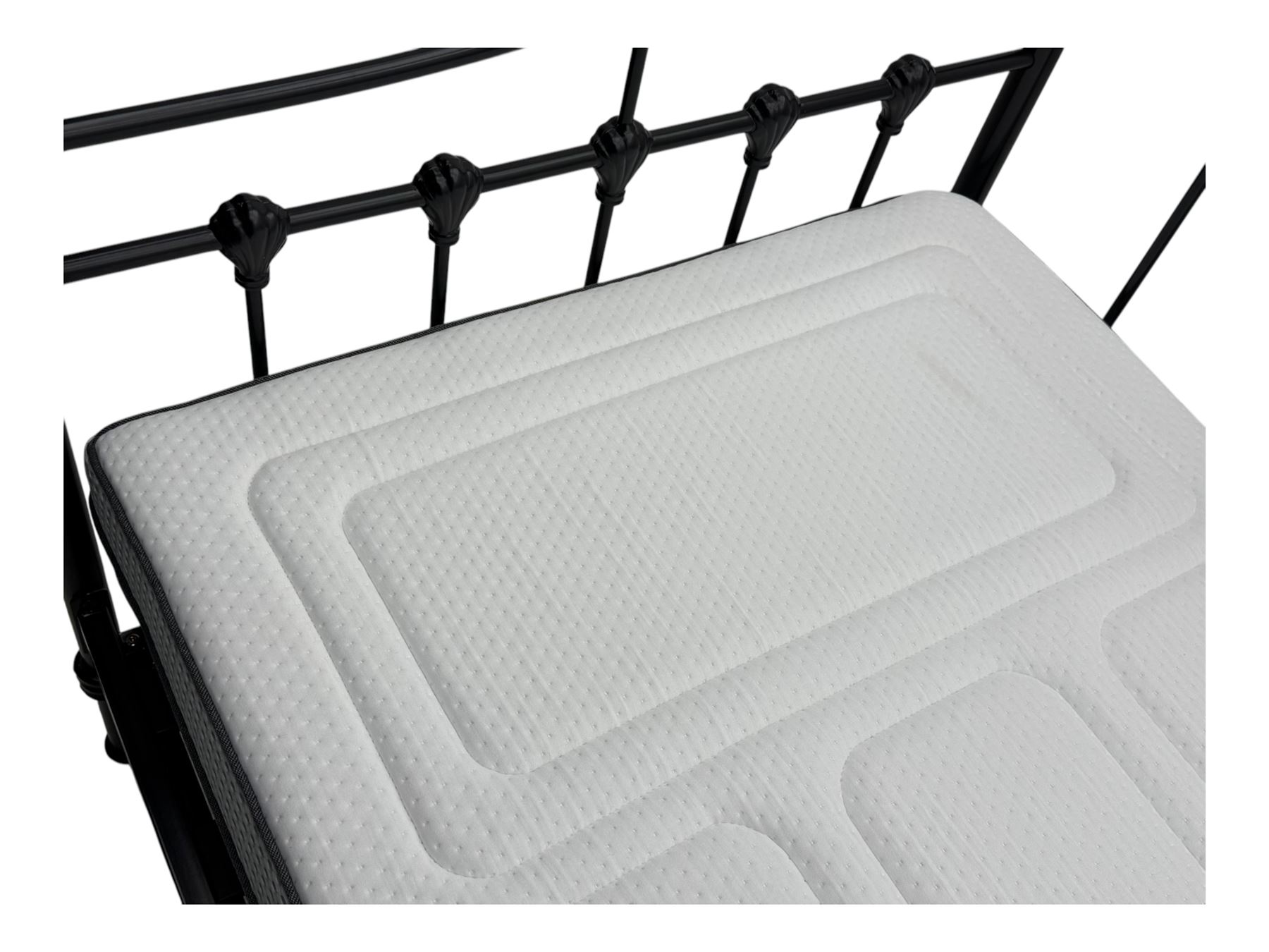 Contemporary Victorian revival black metal day bed, featuring arched back and sides with turned finials and spindle rails, complete with single 'OTTO' mattress