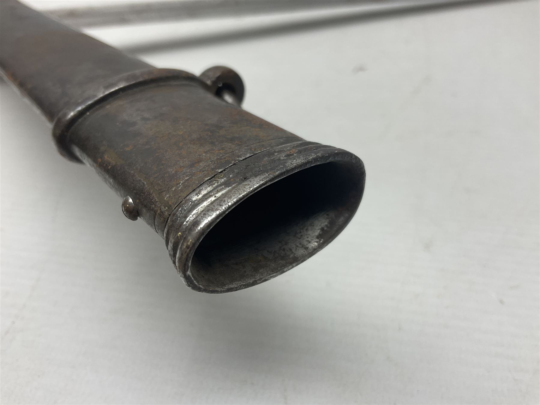 Victorian British Army officer's sword by Hobson & Sons Little Windmill Street London, the 82cm fullered steel blade etched with crowned Victoria cypher and 'HM 1st West York R.V.', lined gilded brass three-bar hilt incorporating Victoria cypher and wire-bound fish skin grip with plaited knot; in steel scabbard with two hanging rings L99cm overall