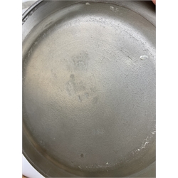 Collection of early 18th century pewter, comprising three large chargers, and seven plates, with various marks and touch marks verso, including the Crowned Rose and shield pseudo 'hallmarks', chargers D46cm and D42cm, plates D23cm.