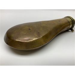 Two brass mounted leather shot flasks with thumb action nozzles; Dixon & Son Improved patent plain copper and brass powder flask; and modern Italian .44 calibre embossed copper and brass powder flask in original box (4)