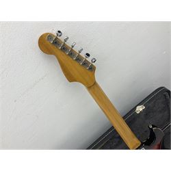 Fender style sunburst electric guitar with manuscript mark 'Zenta Stratocaster 1963' L97cm; in hard carrying case; another similar unmarked sunburst electric guitar; in gig bag; and Fender Frontman Amplifier, serial no.M473406 (3)