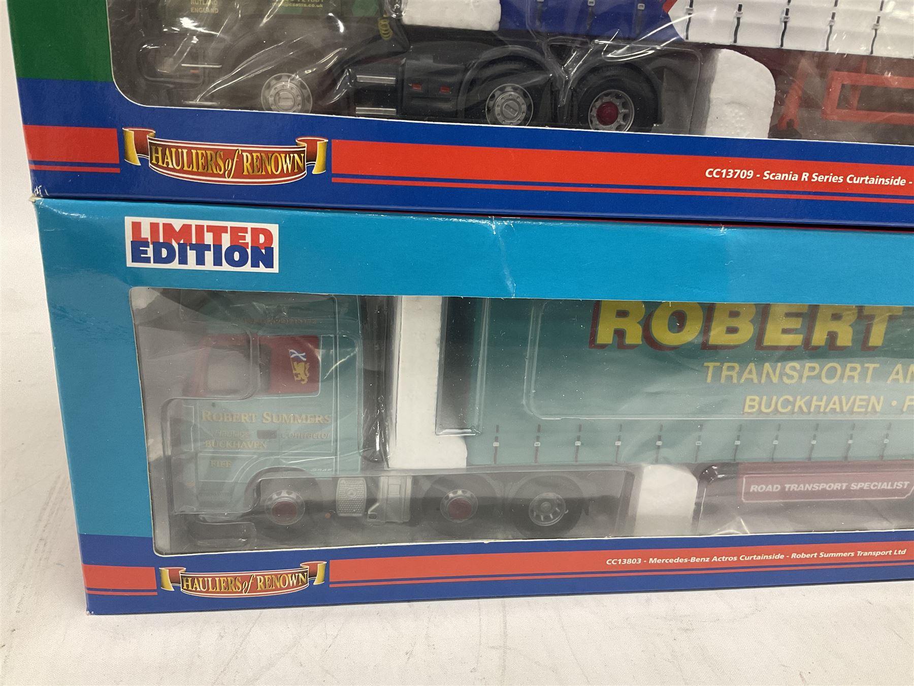 Corgi - three 'Hauliers of Renown' limited edition 1:50 scale heavy haulage vehicles comprising CC13803 Mercedes-Benz Actros Curtainside Robert Summers Transport Limited; and CC13406 MAN TGA XXL Box Trailer Saints Transport; all boxed (3)