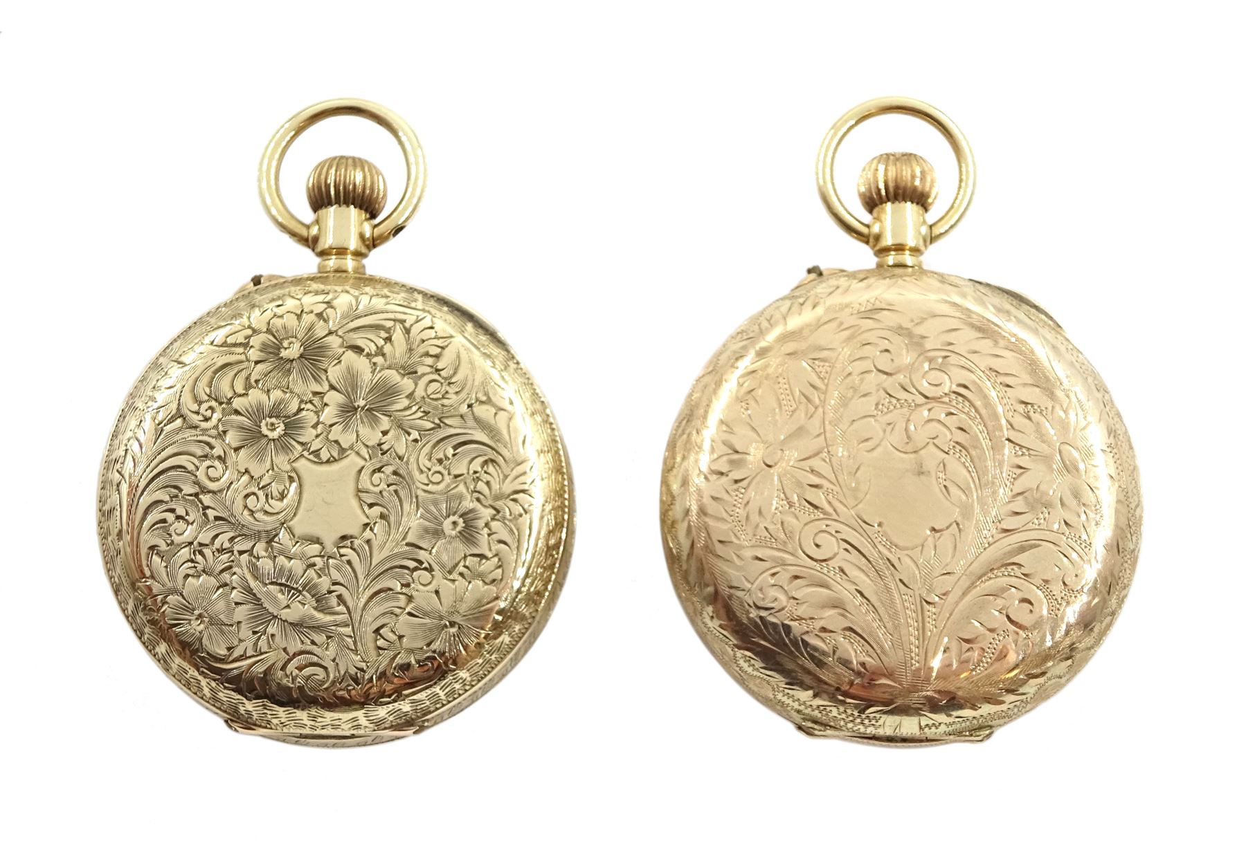 9ct gold open face ladies keyless lever fob watch, London import marks 1912 and one other 9ct rose gold open face ladies keyless pocket watches, Glasgow import marks 1913?, both with gilt dials and Roman numerals   