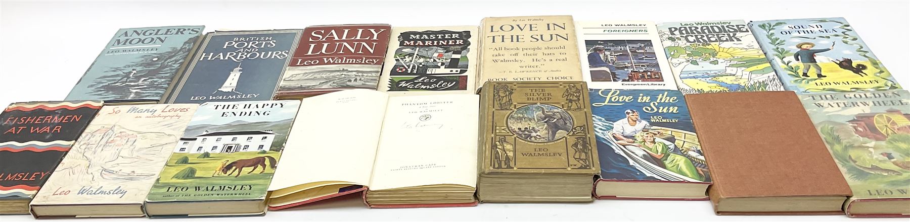 Leo Walmsley: a collection of Novels mostly 1st ed. including Phantom Lobster, signed by the author, Love in the Sun, The Happy Ending, Angler's Moon, Sally Lunn, The Silver Blimp, Love in the Sun, Paradise Creek, Fishermen at War, Golden Waterwheel, Sound of the Sea, etc (16)