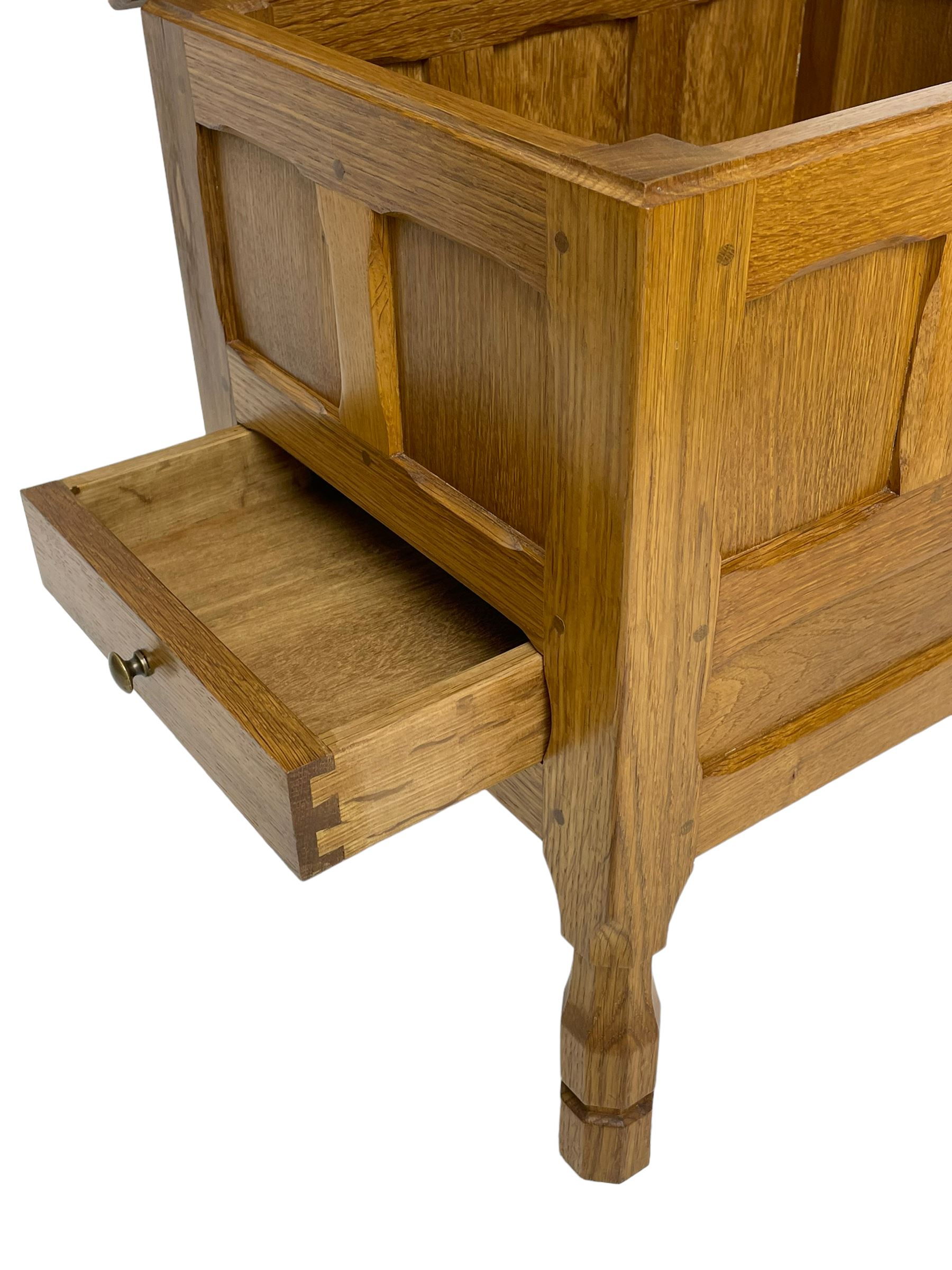 Brian Haw (former Mouseman carver) - Yorkshire oak work or sewing box, hinged lid with panelled sides, fitted with through drawer, on octagonal feet