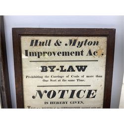 Two Hull related posters - Hull & Myton Improvement Act By-Law 'Prohibiting the Carriage of Coals of more than One Sort at the same Time' 1837. 37 x 23cm. Oak frame; and Notice of Poll Election of County Councillor for the Hessle Electoral Division 1989 40 x 32cm. Stained frame; together with an unframed Imperial Insurance Company buildings and contents policy for The Theatre Royal Hull 1826 (3)