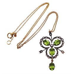 Oval peridot, diamond and seed pearl floral design pendant necklace