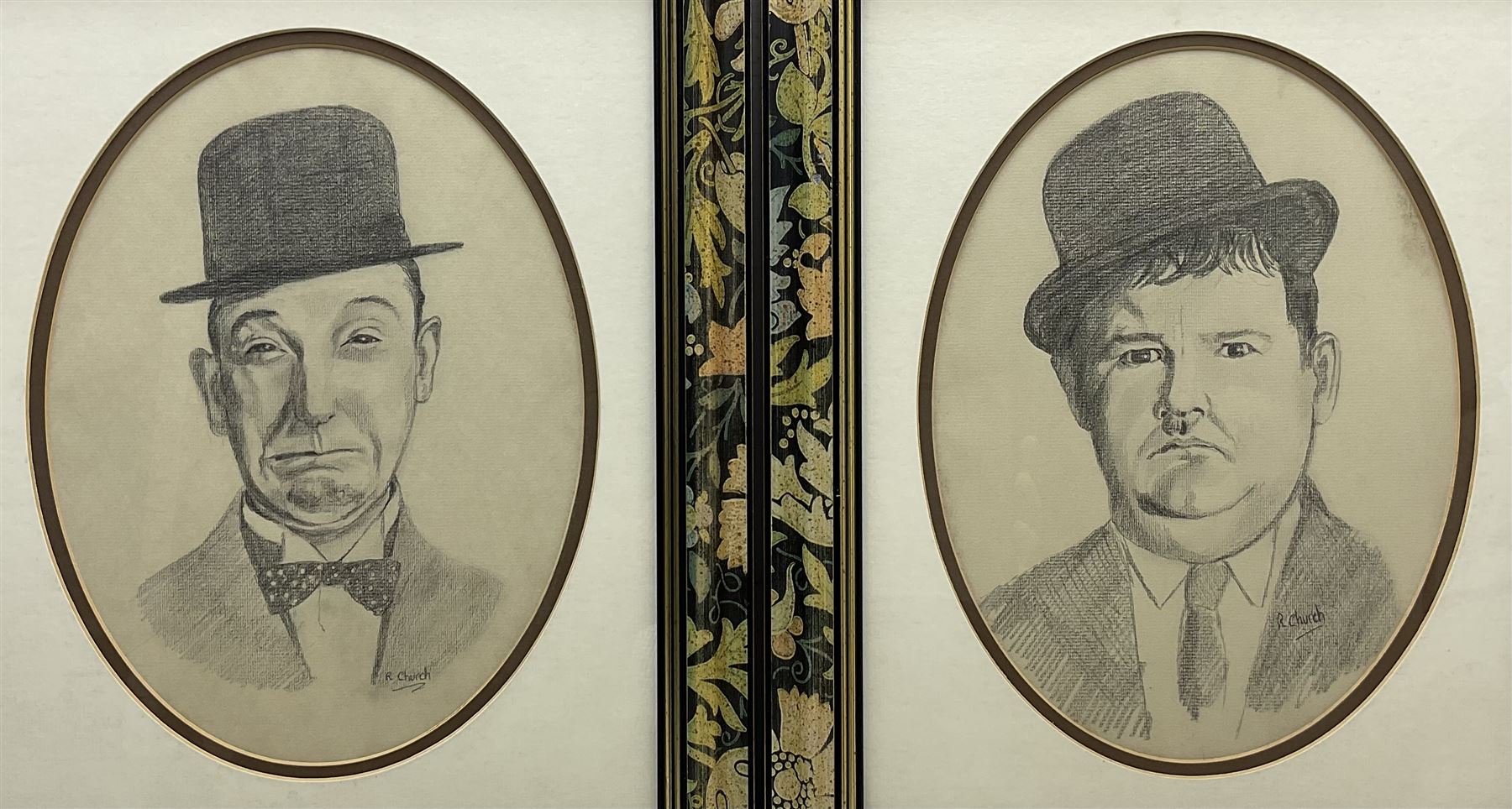 R Church (British late 20th century): Laurel and Hardy, pair oval pencil drawings signed 28cm x 21cm (2)