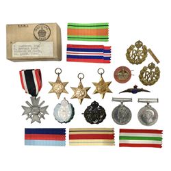 Collection of WWII medals, comprising The Africa, Italy and 1939-1945 star, The Defence Medal, 1939-1945 medal, German, brooch etc, with five cap badges to include RAF examples