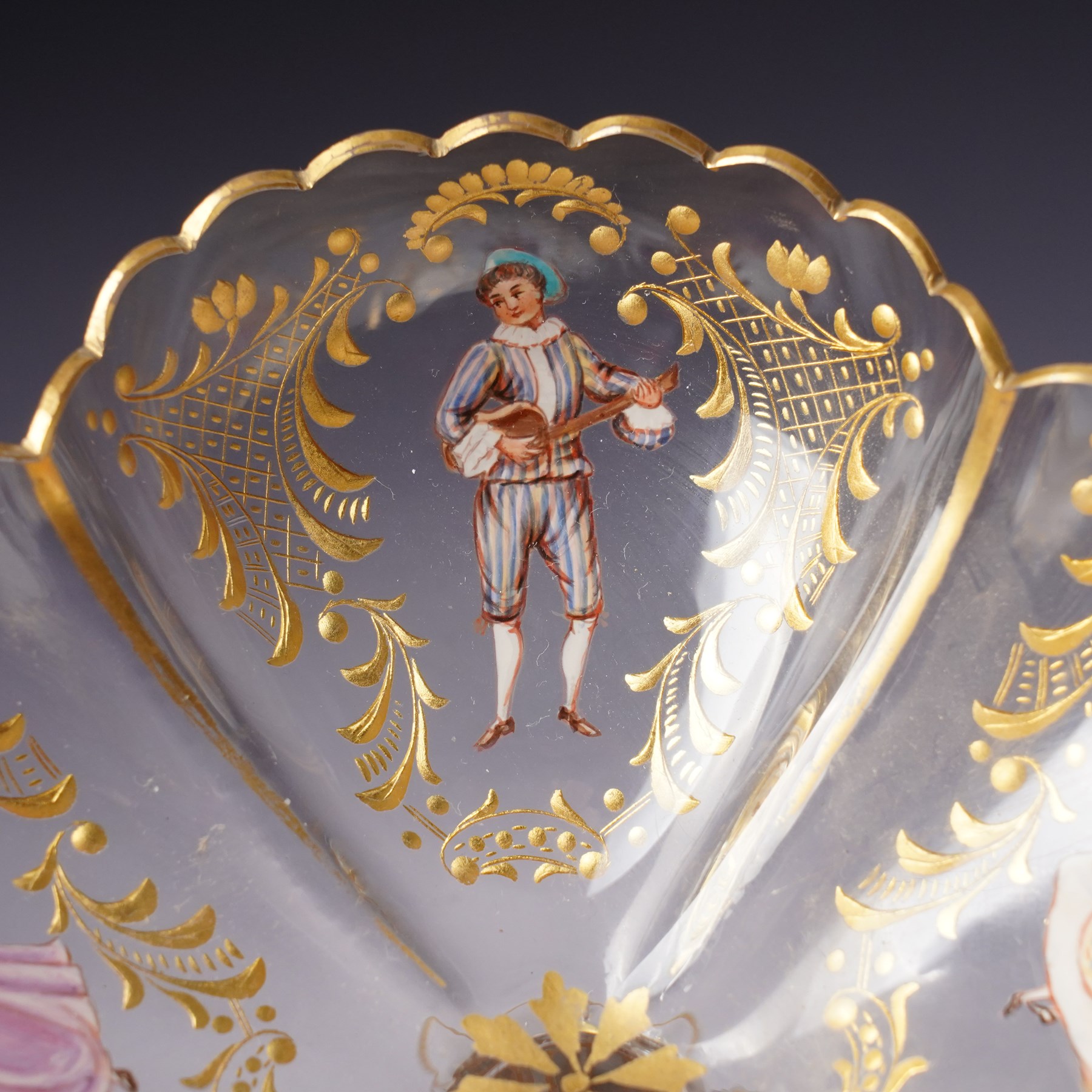 Lobmeyr style tazza, of quatrefoil form with painted enamel figures, H12cm 