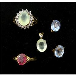  Pair of gold blue topaz stud earrings, gold prehnite and cubic zirconia ring, matching pendant and a pink stone set ring, all 9ct hallmarked or tested
