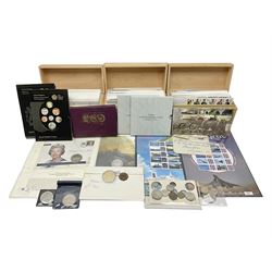 Coins and stamps, including The Royal Mint Great Britain 1970 coin set in plastic holder, 2006 'Brunel' coin cover containing two commemorative two pound coins, Alderney 2006 sterling silver proof five pounds, two 2007 five pound coins in card folders, two limited edition mint first class stamp sheets each comprised of ten first class stamps, various first day covers many with special postmarks housed in 'Royal Mail' boxes etc