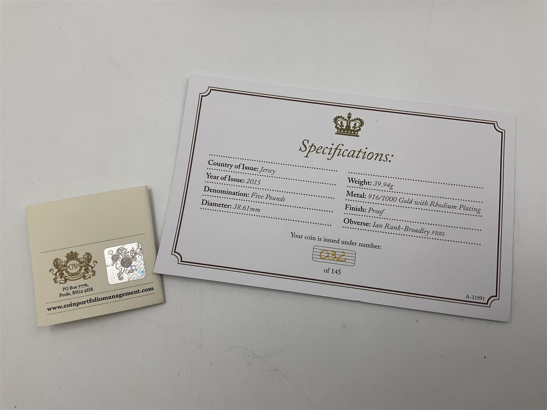 Queen Elizabeth II Bailiwick of Jersey 2015 'H.M. Queen Elizabeth II The Longest Reigning Monarch' gold proof five pound coin, cased with certificate