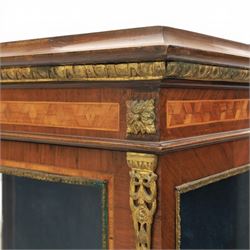 French kingwood display vitrine, rectangular glazed case with baized lined interior, parquetry banding and gilt metal bead mounts, applied gilt metal foliate corner mounts, raised on turned supports united by shaped undertier stretchers