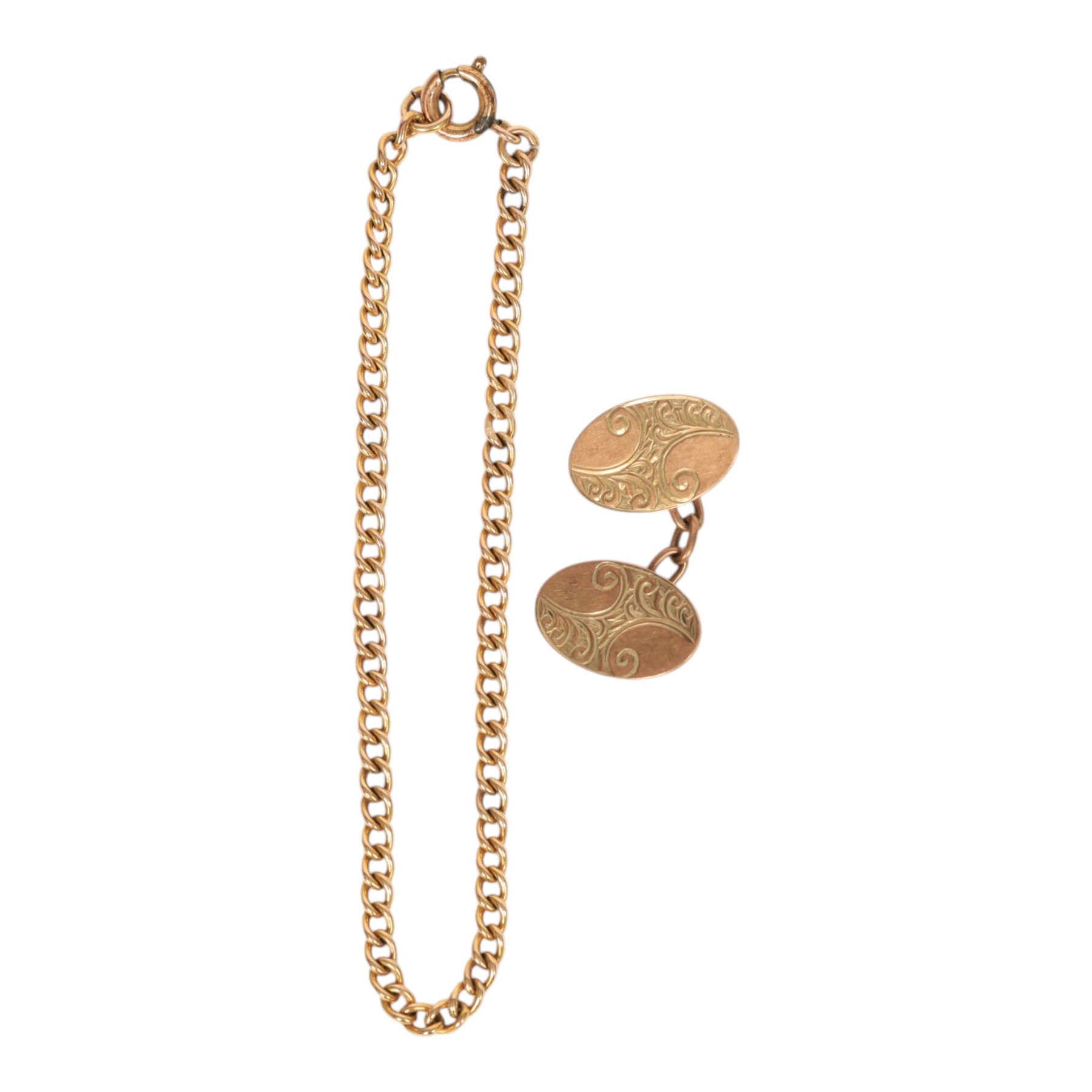 Single 9ct gold cufflink, hallmarked, together with 9ct gold chain links