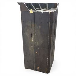 George III mahogany bow-front corner cupboard, projecting moulded cornice over satinwood inlaid frieze with geometric crossbanding, enclosed by twin shaped panel doors with line inlay and ornate brass escutcheon plates, painted interior fitted with shaped shelves, on moulded plinth base