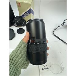 Group of camera lenses, comprising Yashica AF 70-210mm 1:4.5 58mm lens serial no. F6106983, boxed, Yashica AF 35-70mm 1:3.3-4.5 52mm Macro lens serial no. F60231147, Yashikor Aux Wide Angle 1:4 lens and a Yashikor Aux Tele-Photo 1:4 lens, Mamiya-Sekor E 1:2.8 f=28mm serial no. 13427 and a Mamiya-Sekor Zoom E 1:4 f=80-200mm lens serial no. 11271