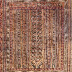 North West Persian Baluch prayer rug, central pointed mihrab design,    dark brown and camel tones, with repeating geometric and stylised floral motifs, lower field with tree of life motifs, main border geometric vine pattern in alternating colours, narrow guard stripes with repeating small motifs 