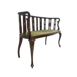 Edwardian inlaid mahogany salon settee or bench, the pierced and inlaid splat back over serpentine front, seat upholstered in laurel green velvet, raised on cabriole supports with satinwood stringing