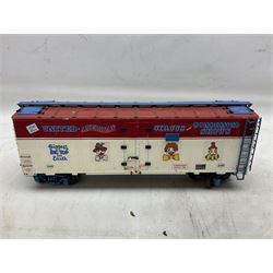 Six G scale, gauge 01 rolling stock carriages, comprising passenger coaches, one mail train and three circus carriages, all unboxes 