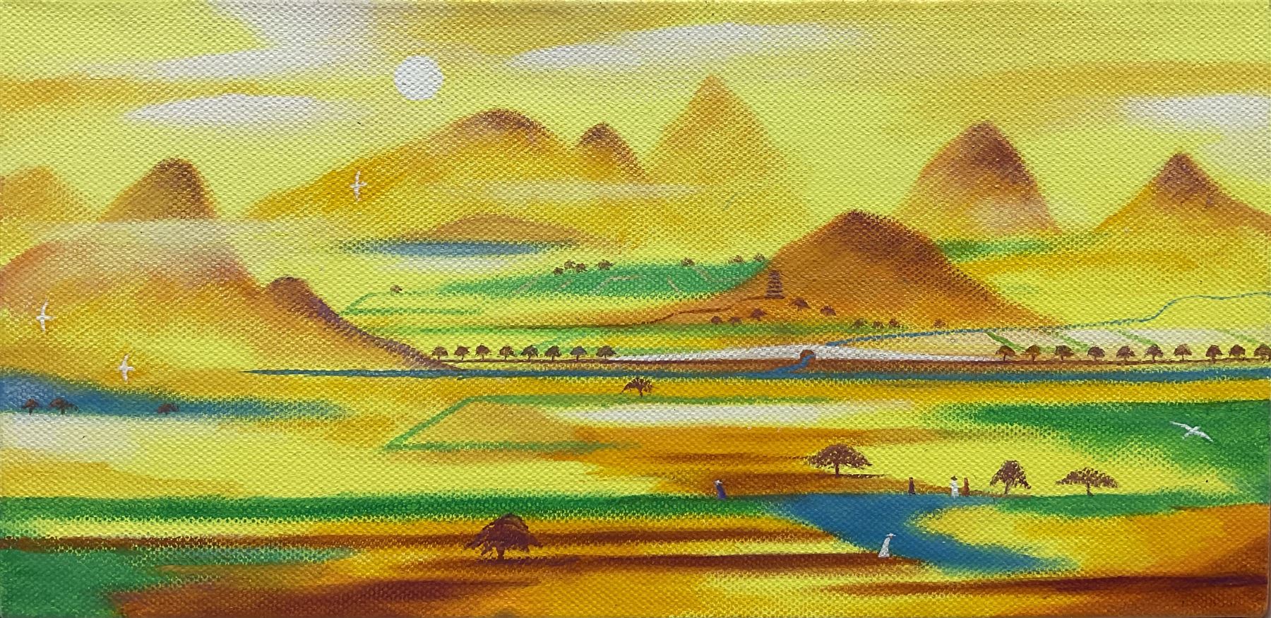 David Carson Shaw (British 1942-): 'Landscape for the Six Harmonies', acrylic on canvas, signed, titled verso 15cm x 30cm