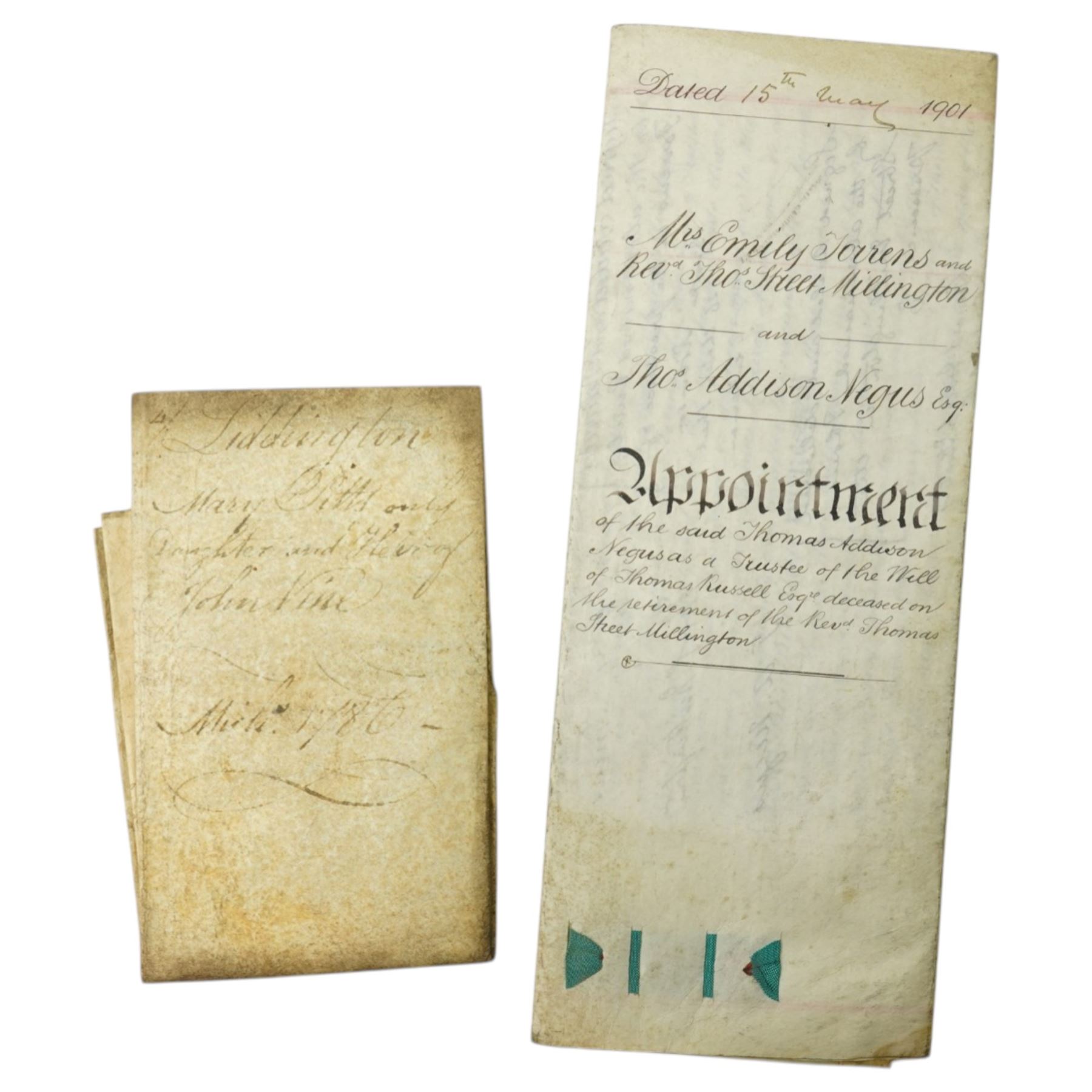 George III surrender of a tenancy in the Manor of Liddington in the county of Rutland, surrender of a tenancy on the same estate 1799 and two other indentures concerning the same estate; William and Mary indenture 1691,  Queen Anne indenture between John Waldrom of Oadby and George Durnor, mortgage document and other indentures