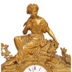19th century French ormolu mantel clock, retailed by J & W Marshall, Paris, surmounted with a figure of in neo classical dress, with enamelled Roman dial marked James & Walter Marshall, H39cm 