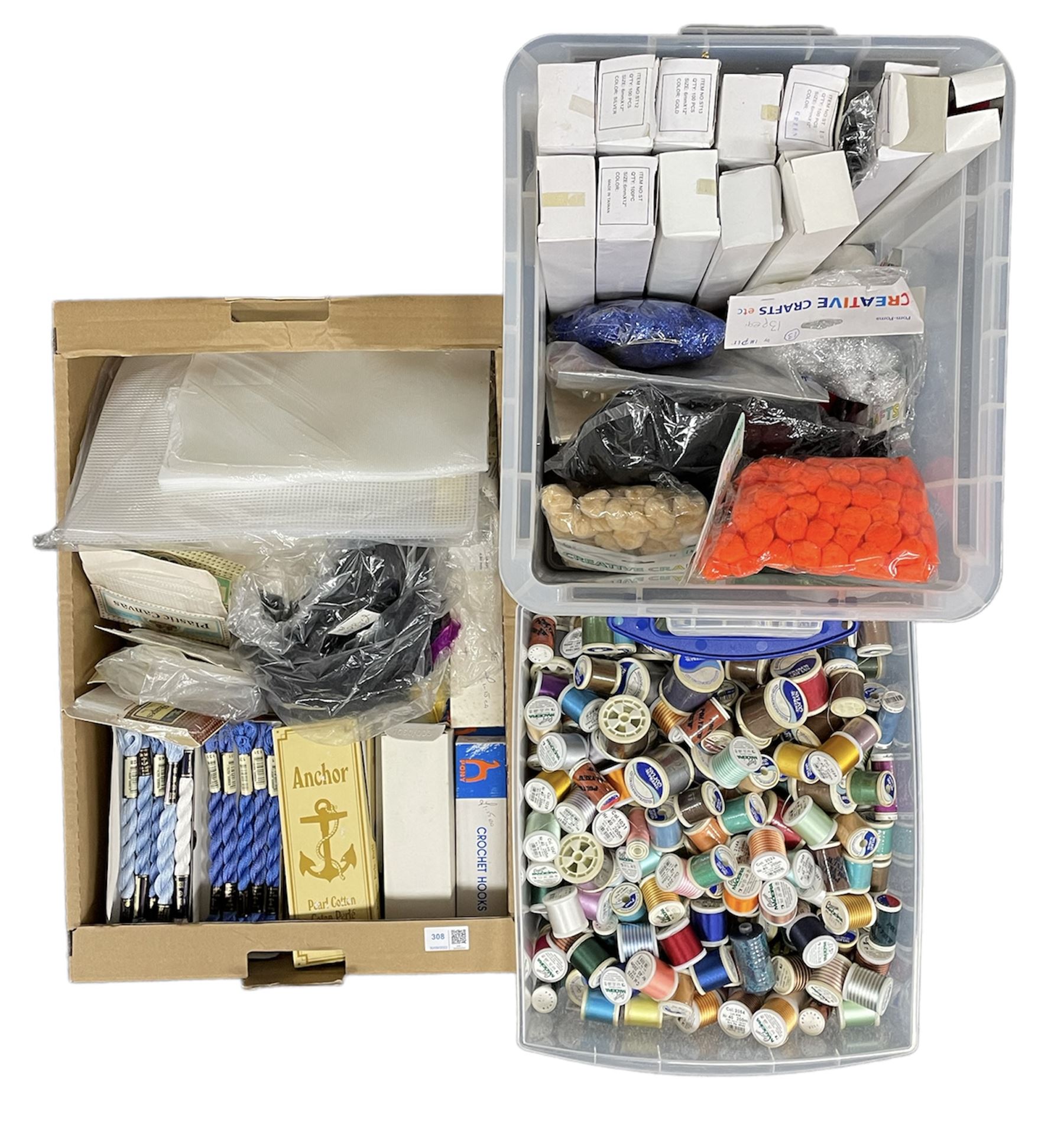 Haberdashery Shop Stock: Reels of Slyko Supreme & Raylon Madeira thread, Creative Craft pompoms and other craft-making supplies, boxes of Anchor Pearl Cotton, perforated plastic canvases etc in three boxes