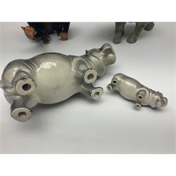 Large Sylvac monkey together with three smaller monkeys, together with Beswick Pigeon no 1383, Melba Ware hippo and baby and Royal Dux elephant 