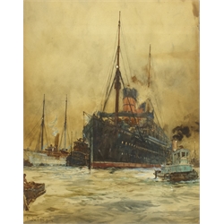  Charles Edward Dixon (British 1872-1934): Cunard Liner with Steam Tugs on a Busy River, watercolour signed and dated '99, 48cm x 37cm Provenance: from the exors. of a North Yorkshire single owner collection of Maritime oils and watercolours purchased Sotheby's London 11th May 1994 Lot 188   